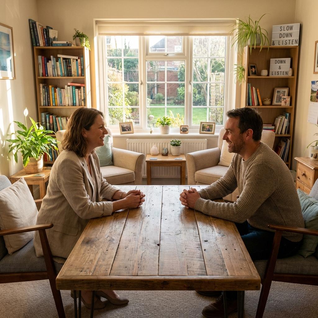 Warm, confident coach on video call with client