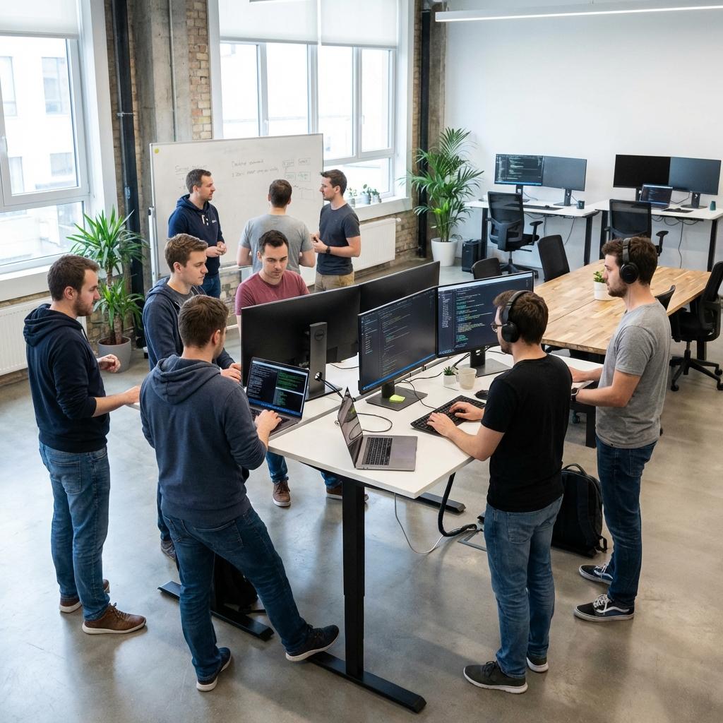 Development team focused on code